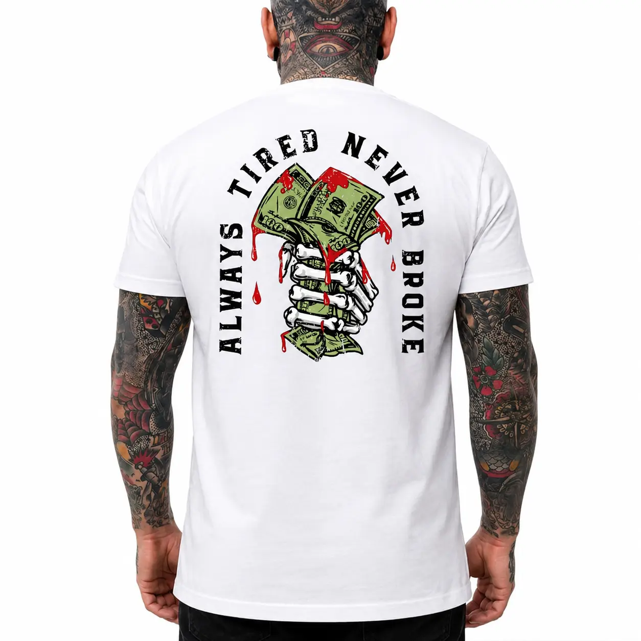 Men's Short-Sleeve Soft Sports T-Shirt - Menswear Apparel with "Always Tired Never Broke" Black Print (Digital Print Adds Instant Edge), Unisex Fit, Round Neck, Casual Graphic Top