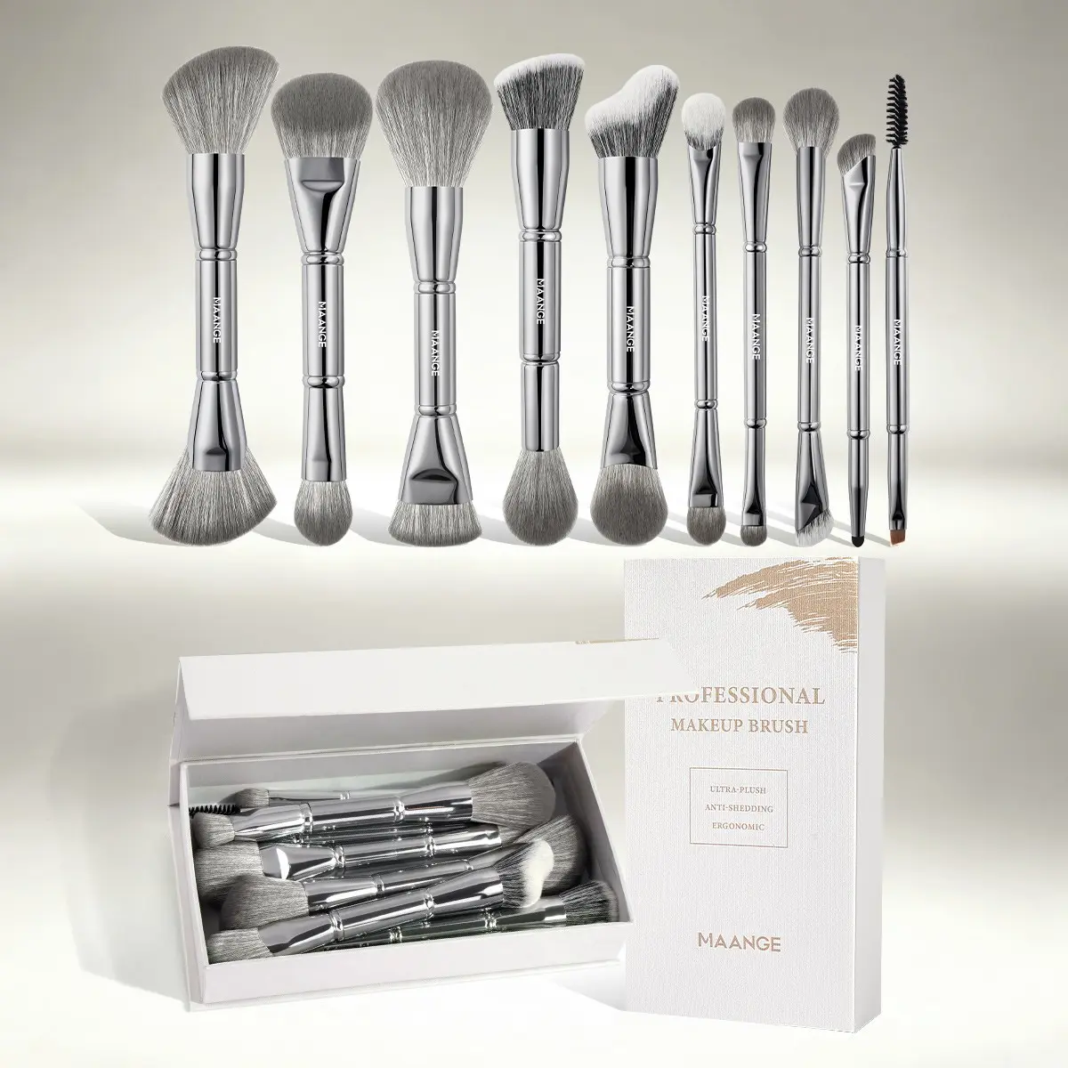 Maange 10-Piece Professional Dual-Ended Makeup Brush Set, Foundation, Powder, Blush, Eyeshadow, Mascara, Contour, Highlighter Brushes, Gift for Women