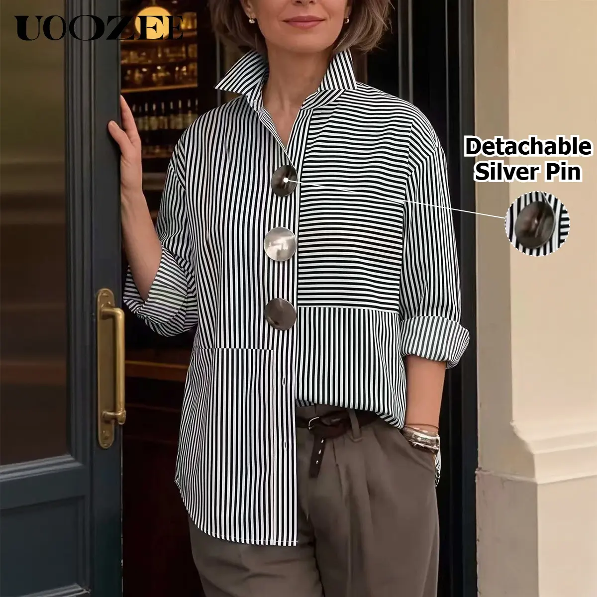 UOOZEE Women's 100% Polyester Patchwork Striped Loose Oversized Button Down Shirt, Removable Metal Pin Decor Split-Joint Long Sleeve Blouse, Non-Stretch Asymmetric High Low Hem Top For Spring Summer Fall, Size Down 1 For Slim Petite Figures, Lightweight,,
