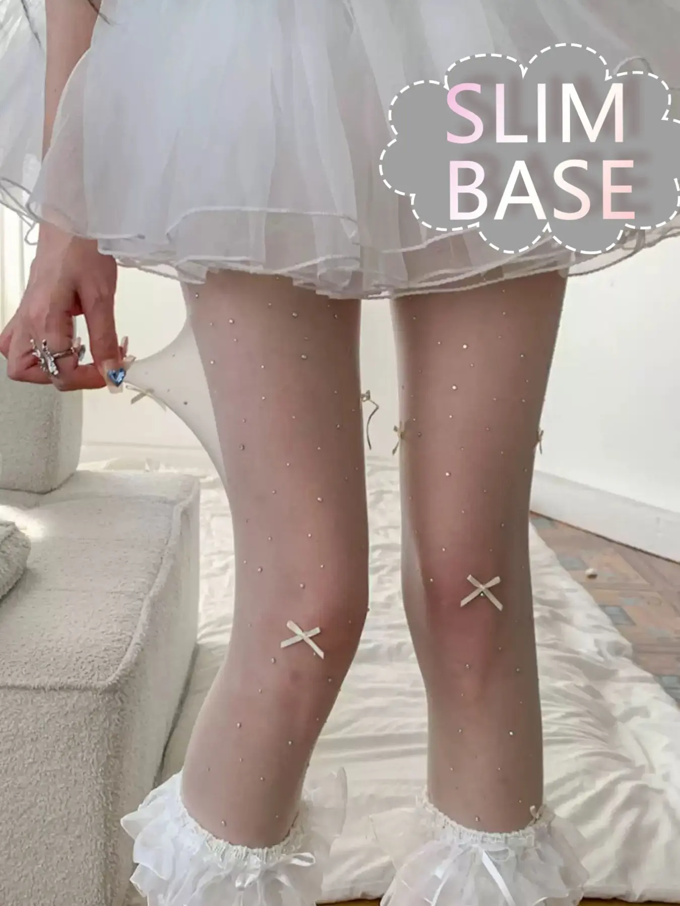 Bow Rhinestone Stockings for Women, Ultra-Thin Naked Feel Pearl Rhinestone Pantyhose, Sweet Lolita Thigh-Highs for Short Skirts