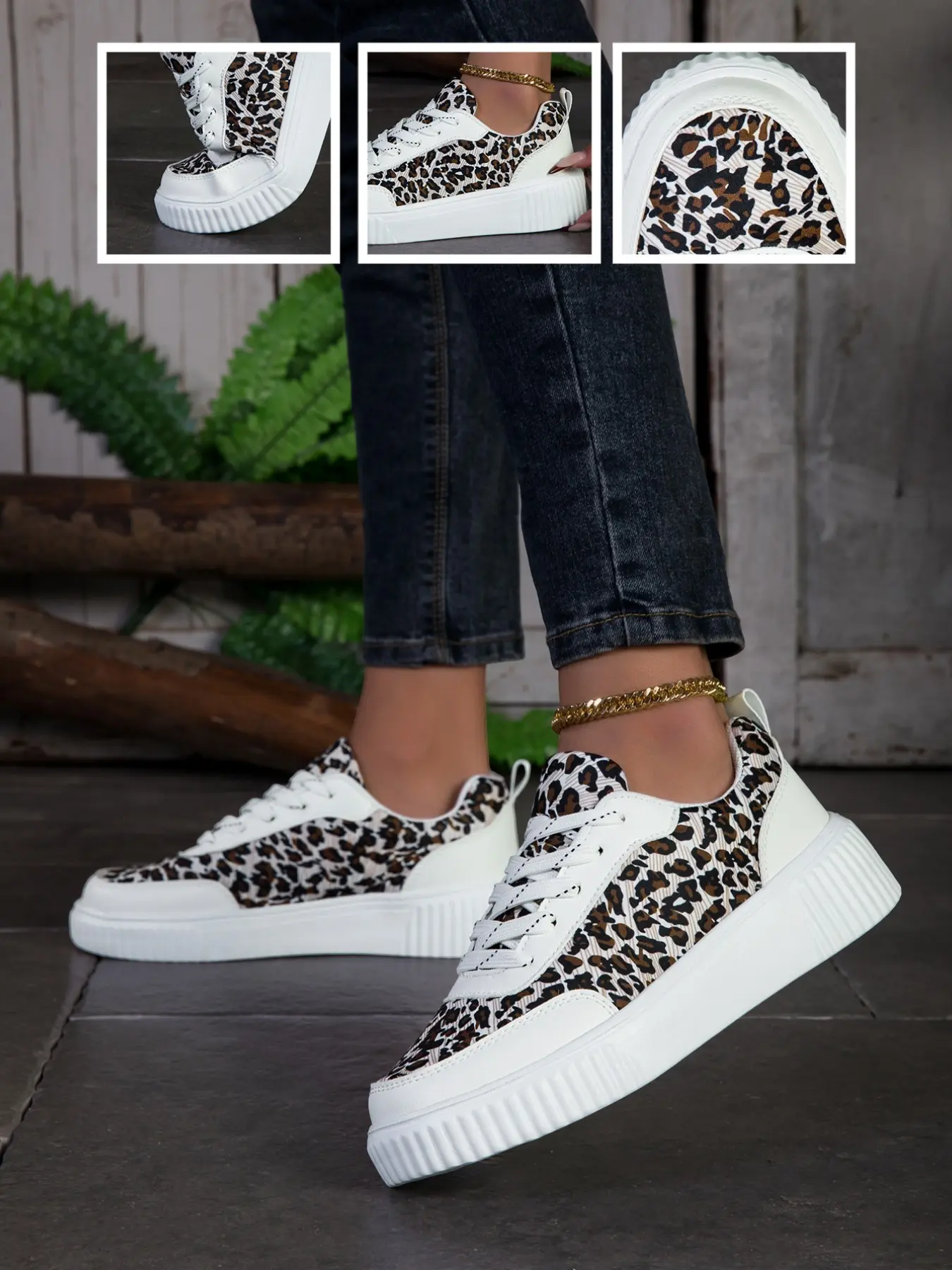 New Women's Leopard Print Sports Skate Shoes, Casual Lace-Up Breathable Mesh Upper, Lightweight Comfortable Eva Sole, All Seasons