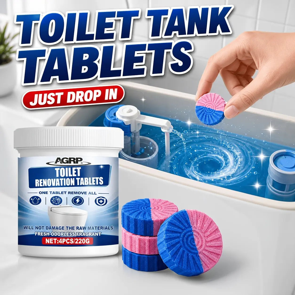 Multi-Purpose Toilet Bowl Cleaner Tablets, Bathroom Cleaning Tablets, Cleaning Agent, Dissolves Urine Buildup, Water Streaks & Limescale, Reduces Mineral Buildup to Avoid Drain Clogs, Household Essential Bathroom Supplies, Cleaning Products