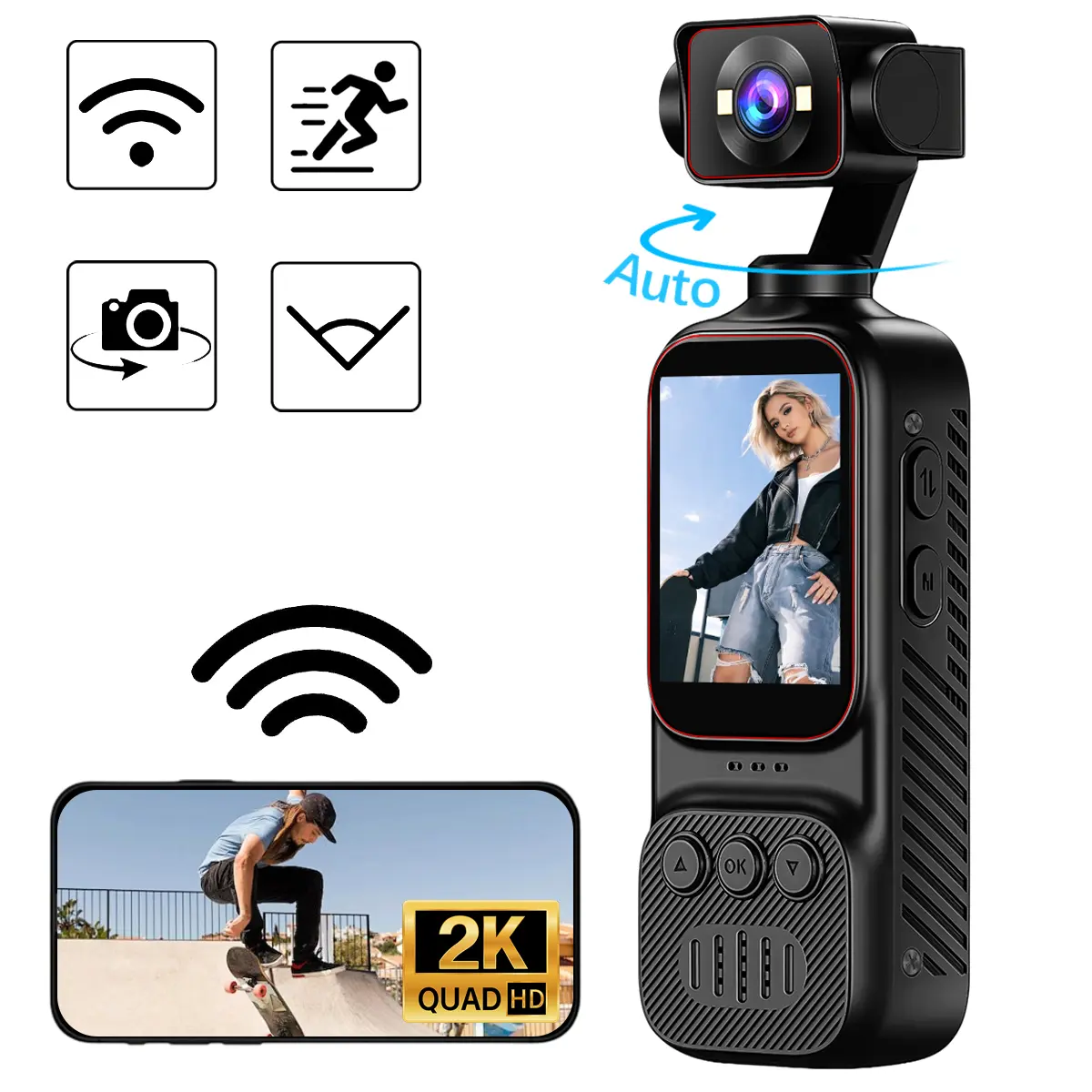 Pocket Vlogging Camera with 270° Rotatable Lens, 2K HD Video Recording, 8X Digital Zoom & LED Fill Light, Portable Handheld POV Camera with Long Battery Life for Travel, Cycling, Outdoor & Daily Recording