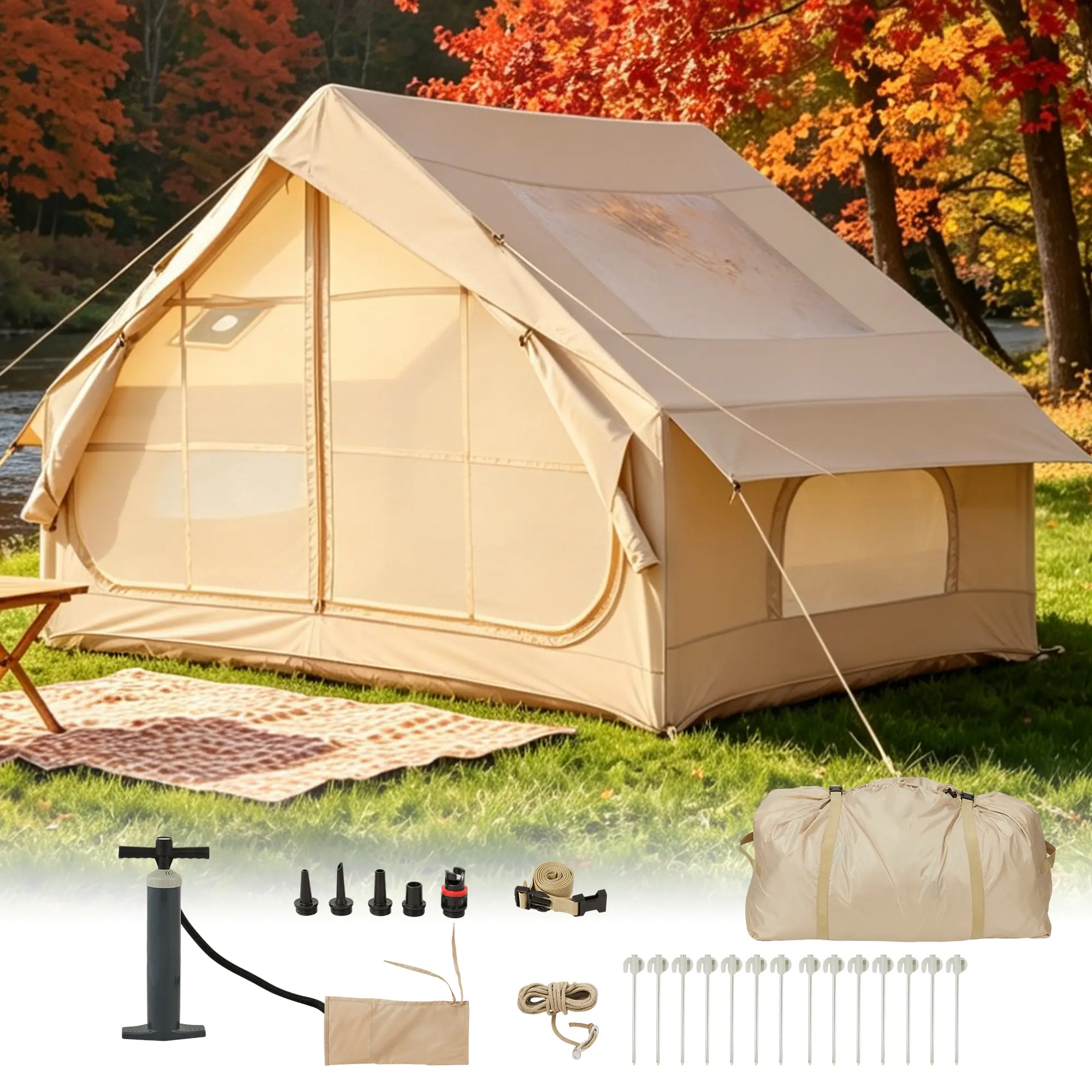 4-6 Person Waterproof Oxford Inflatable Glamping Tent, Quick-Setup Blow-Up Hot Tent with Hand Pump and Stove Jack, Windproof Air Frame Shelter for Family Camping and Outdoor Parties Spacious Inflatable Camping Hot Tent for 4 to 6 People, Oxford Waterproof