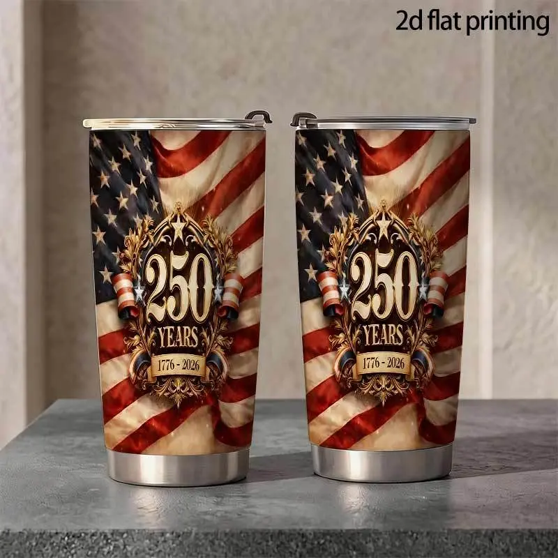 20oz Stainless Steel Leak-Proof Modern Thermal Flask - America 250 Years (1776-2026) Portable Patriotic USA 2D Flat Printed Travel Coffee Mug with Lid, Hot/Cold Kitchenware Drinkware Travel Gift, Cylindrical, Single Unit