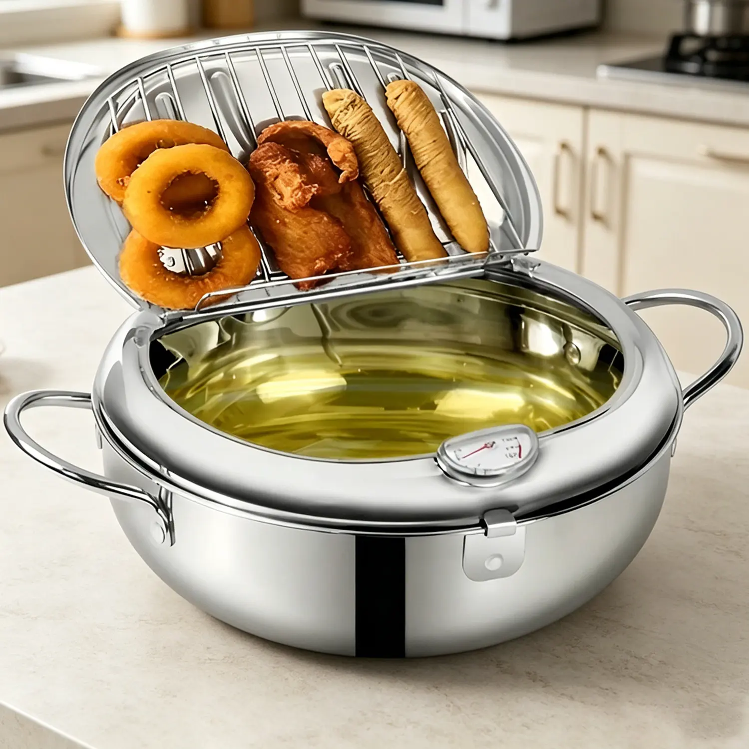 304 Stainless Steel Multi-Purpose Home Electric Fryer with Temperature Control, Oil Drain Lid for Frying Fish, Chicken, French Fries, Universal for Stove & Induction Cooktop, Kitchen Frying Equipment, Home Deep Fryer