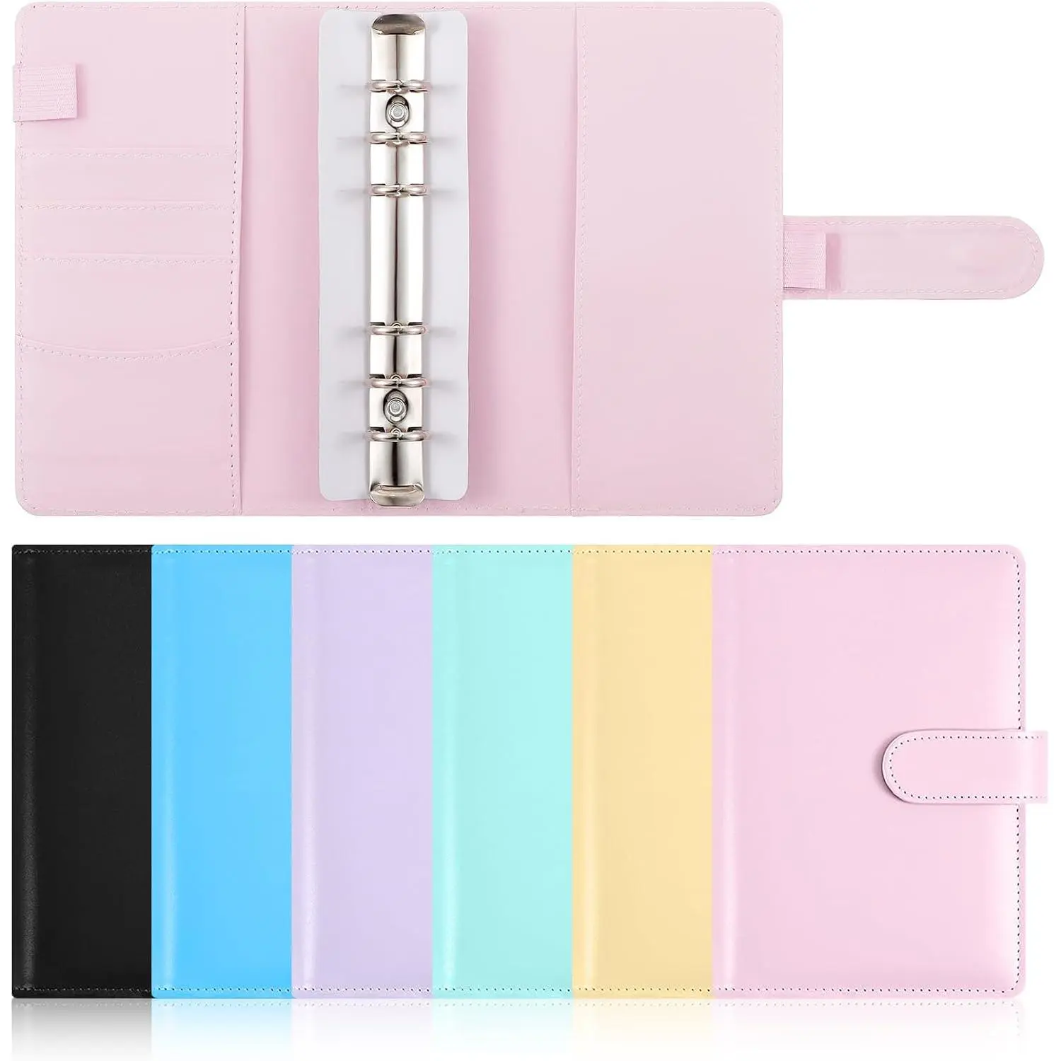 6 count A6 Budget Binder Set Pu Leather Refillable 6 Ring Notebook Binder Cover Loose Leaf Personal Planner Cover with  Closure