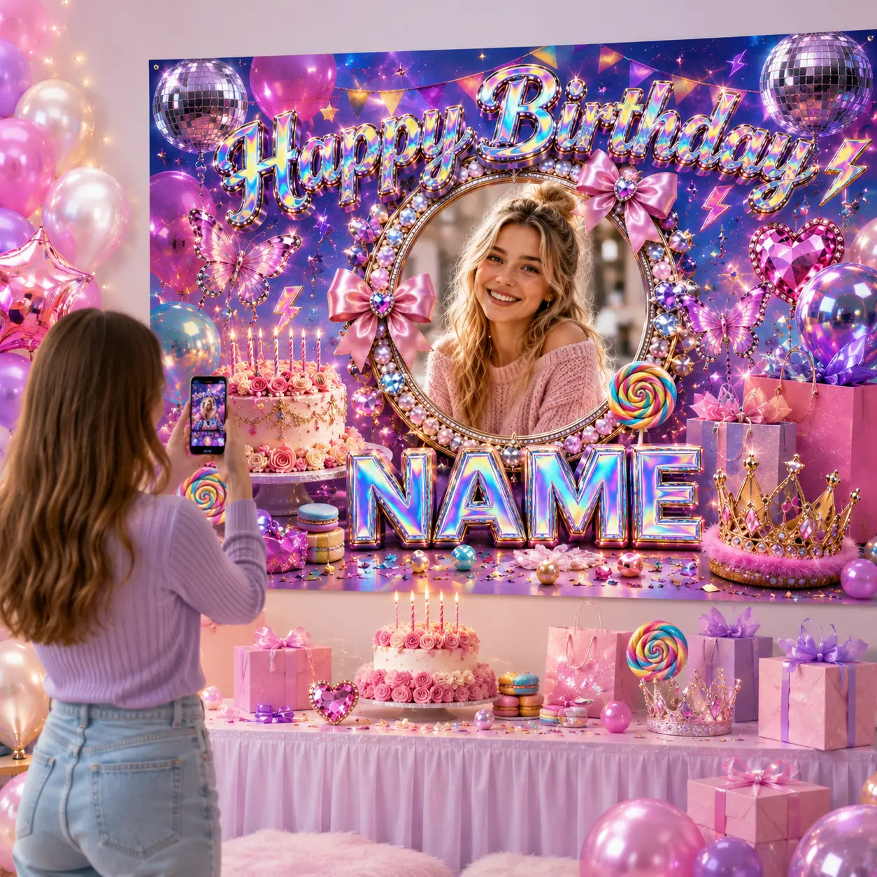 Personalized Pastel Birthday Backdrop with Photo and Name, Pink Bows, Butterflies, Disco Balls, Cake and Crown Decor