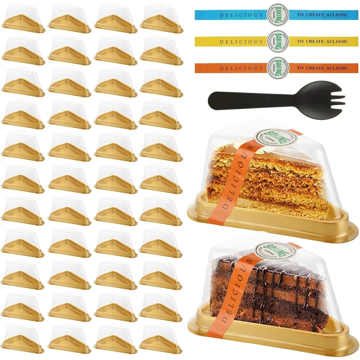 100 Pack Cake Slice Container, Disposable Cheesecake Containers with Lid, Sticker and Fork, Individual Pie Slice Containers for Snack Dessert Mousse - Gold