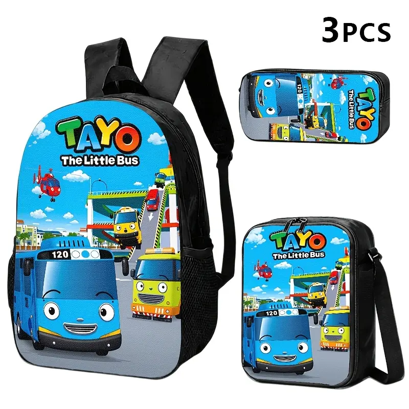 Cute Tayo The Little Bus Cartoon City Traffic 3Pcs Backpack Set, 2D Flat Print Waterproof Oxford Backpack + Insulated Lunch Bag + Pencil Case, Lightweight School Storage Kit For Toddlers Kids Boys Girls Travel Daily Use
