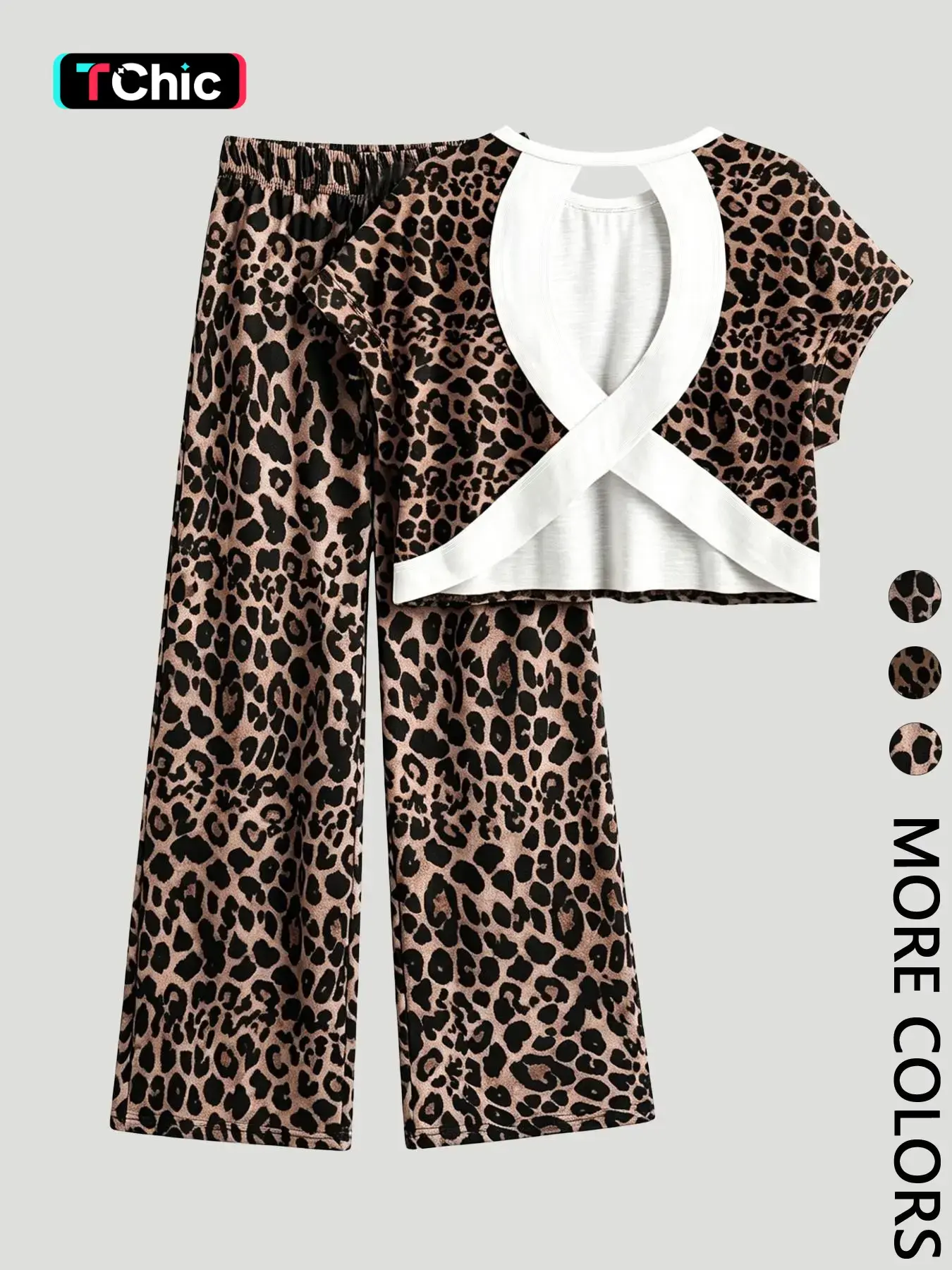 Women's Leopard Print Casual Loungewear Nightwear Homewear Pajamas Two-Piece Set, Round Neck Short Sleeve Backless Top & Lounge Long Pants, Comfortable Wear