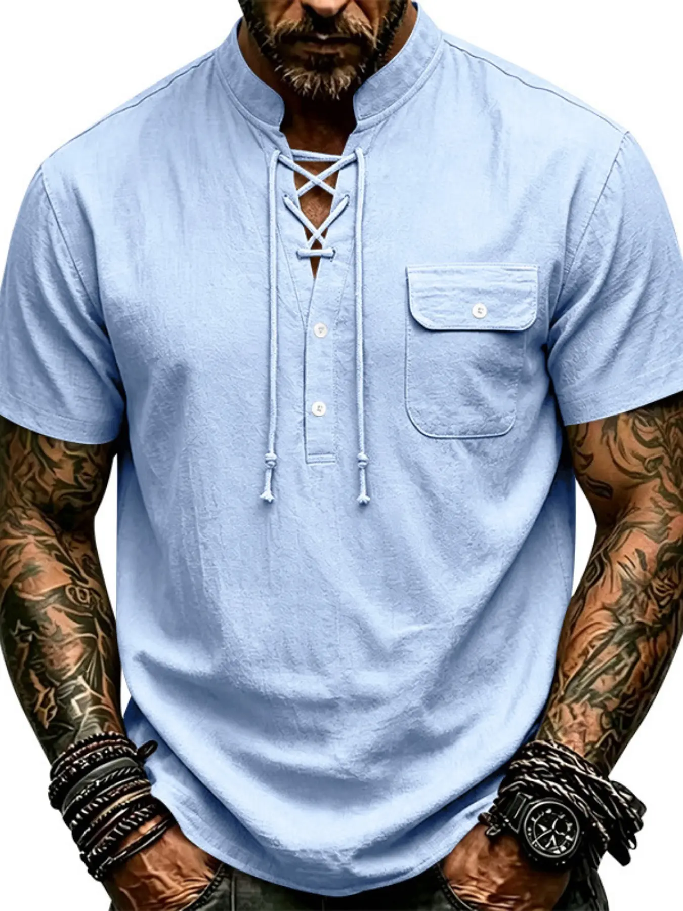Summer Men's Vintage Loose Fit Linen Drawstring Trendy Pocket Henley Short Sleeve T-Shirt, Comfortable and Stylish Casual Wear