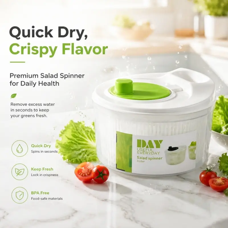 3L BPA-Free Salad Spinner - Quick Dry Fruit & Vegetable Washer with Easy Spin Mechanism, Keeps Greens Fresh & Crispy, Perfect for Healthy Kitchen Meal Prep