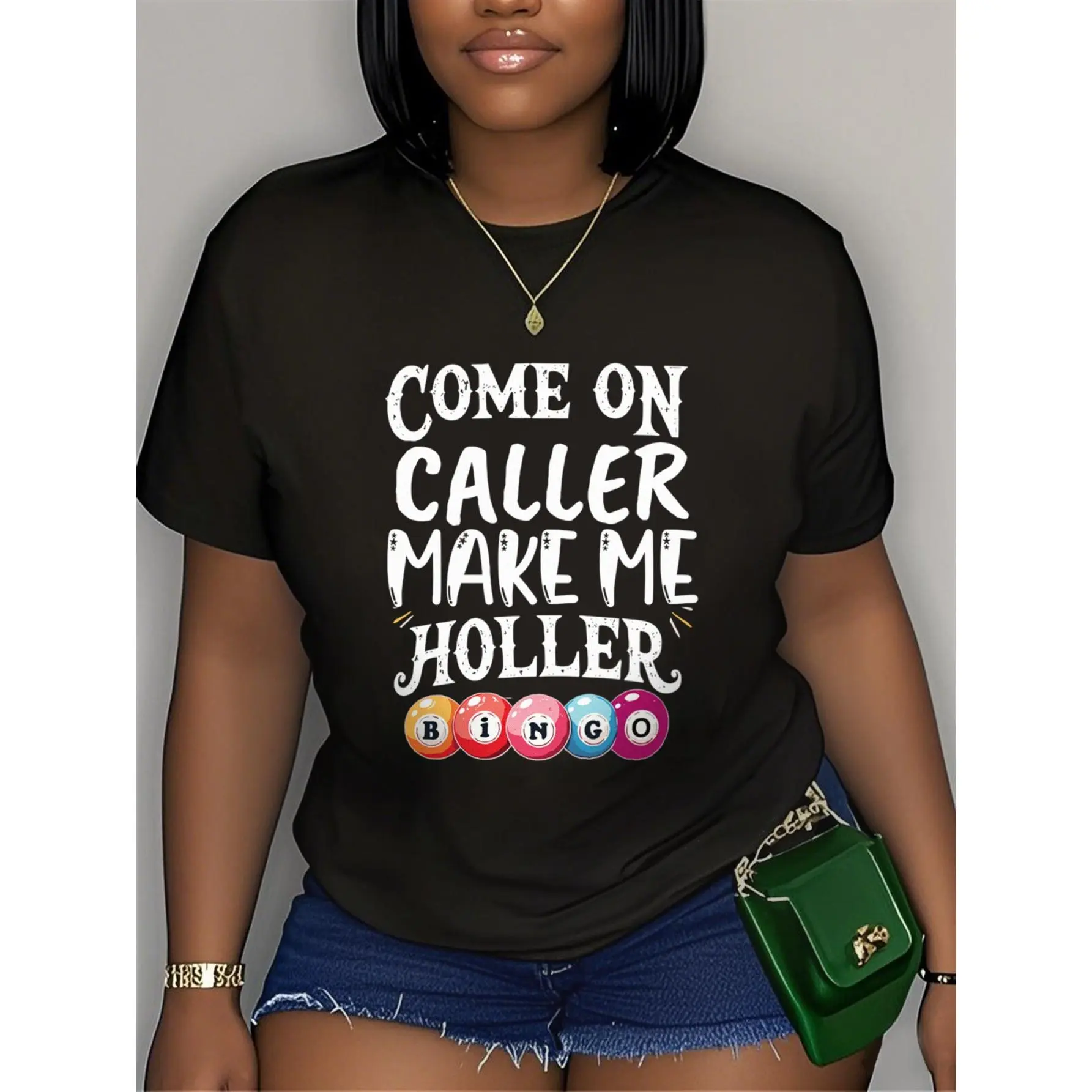 Women's Funny Bingo Caller T-Shirt - Come On Caller Make Me Holler Bingo Ball Graphic Tee - Black with White Text - Oversized Casual Bingo Night Party Shirt - Machine Washable Bingo Lover Gift for Women, Bingo Accessories, Fun Event Apparel