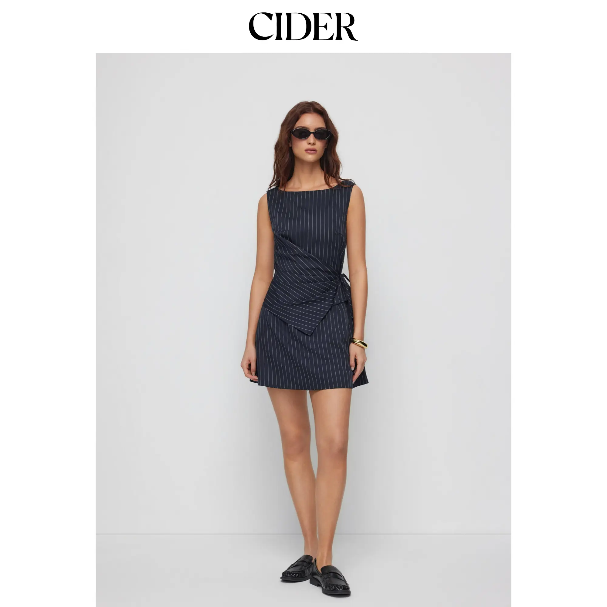 Cider Stripe Boat Neck Asymmetrical Ruched A-line Mini Shift Dress