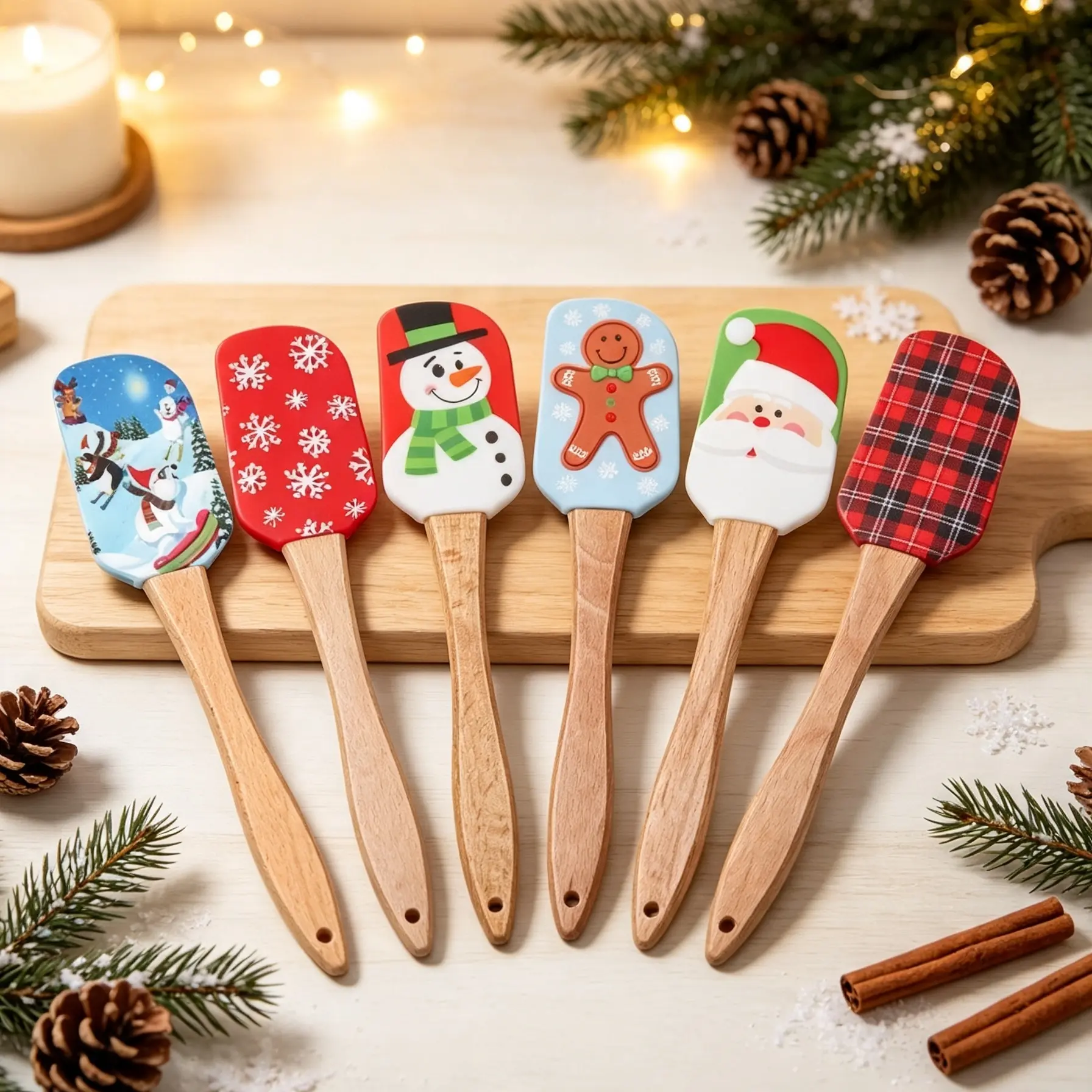 6 Pcs Christmas Silicone Spatula Set with Wooden Handles Flexible, Non-Stick Cake Spatulas. Kitchen Utensils for Baking and Cooking. Ideal for Cake Decorating and Spreading Butter, Perfect Gift for Halloween, Thanksgiving, Christmas, and New Year.