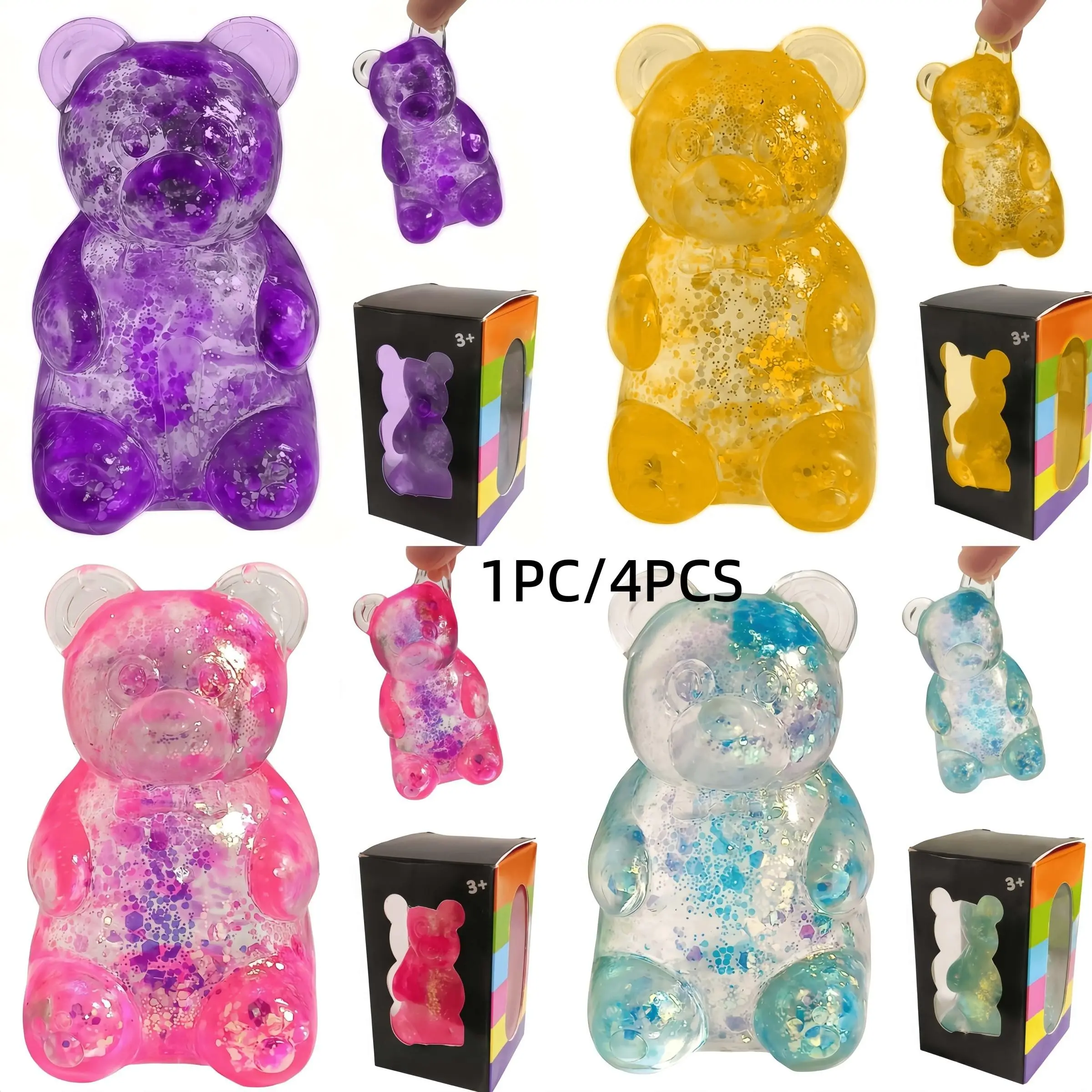 1/2/4PCS Squishy Bear Stress Toy, Soft Sensory Fidget Toy with Glitter Liquid Filling, Squeeze Anxiety Relief Toy for Kids & Adults, Party Favors, Desk Toy, Soft Squishies