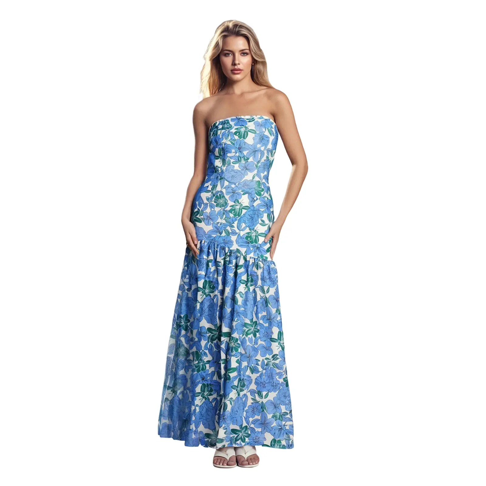 Women Casual Strapless Dress Summer Floral Print Backless A-Line Long Dress for Cocktail Party Beach Streetwear