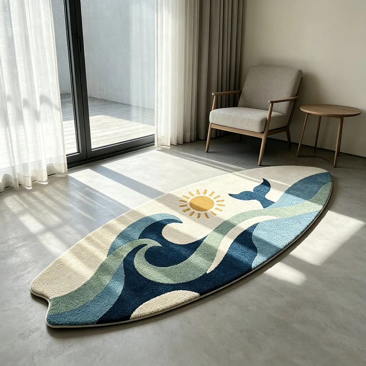 Sun Wave Whale Surfboard Shaped Rug, Morandi Blue Anti-slip Flannel Carpet, Unique Seaside Decor for Bay Window & Entryway, Ideal for Wabi-sabi Minimalist Home Style, Modern Abstract Rug