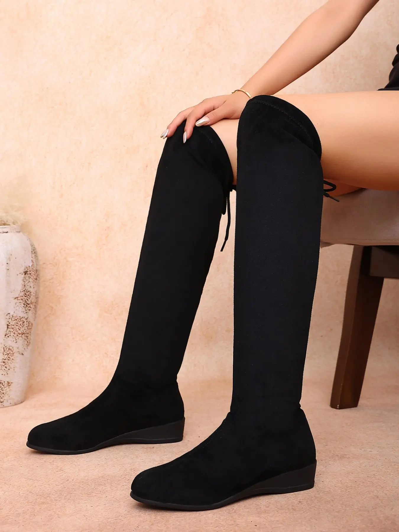 Women's Faux Suede Over-The-Knee Boots, Soft Stretch Fabric, Drawstring Ankle Design, Slimming Fall Winter Casual High-Calf Boots