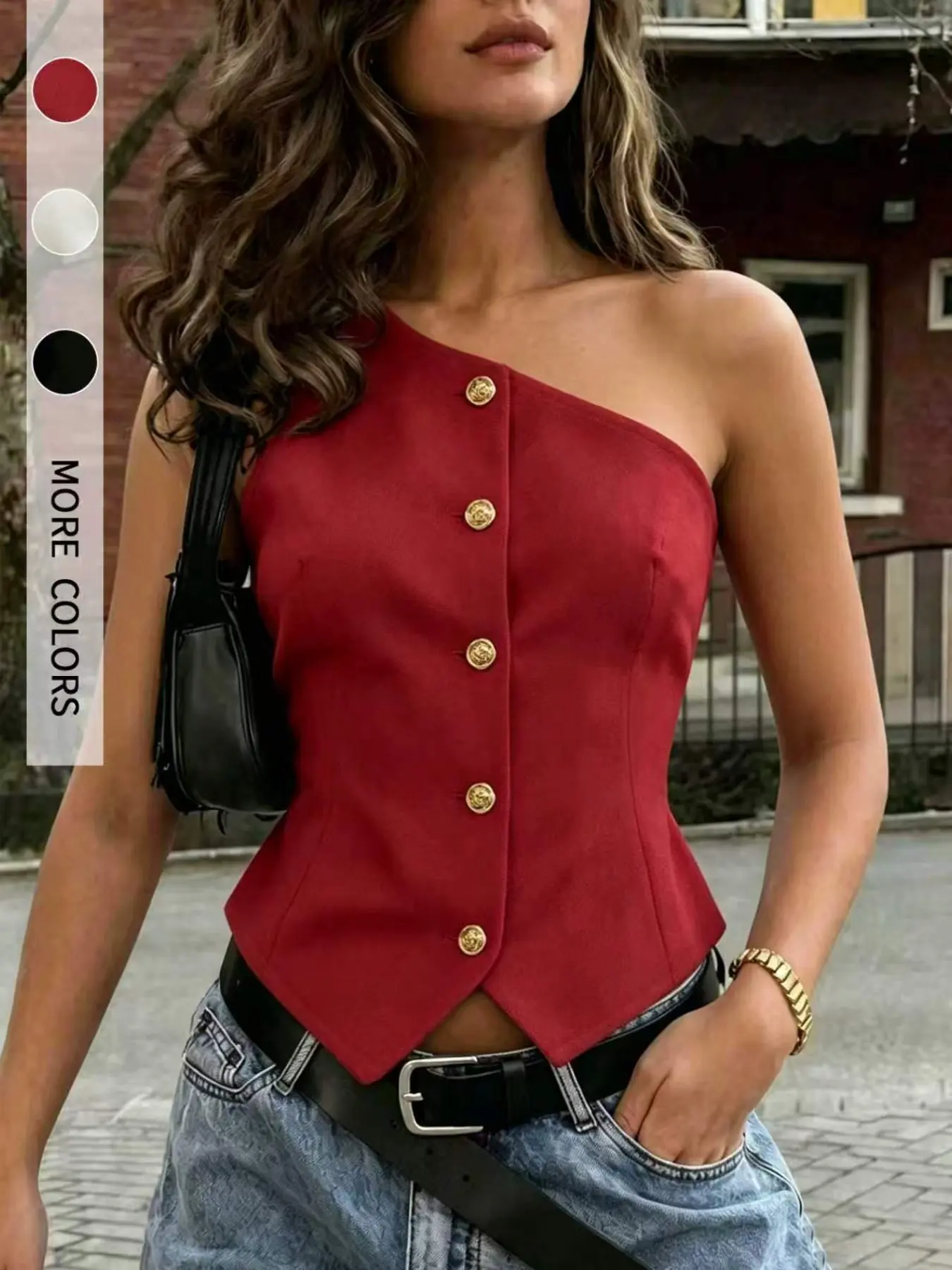 Vintage Asymmetrical Gold Button Tank Top, Summer One-Shoulder Sleeveless Vest, Slim-Fit Casual Fashion Crop Top for Women