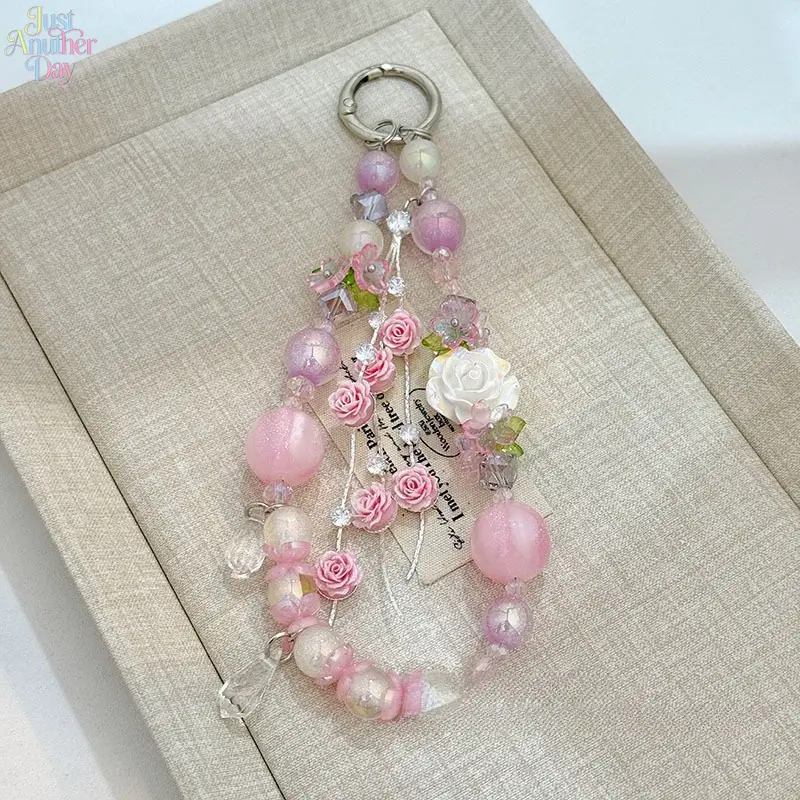 Romantic Rose Beaded Phone Chain, Pink Floral Tassel Keychain, Elegant Flower Phone Lanyard, Cute Beaded Strap for Keys, AirPods & Phone Cases, Aesthetic Accessory