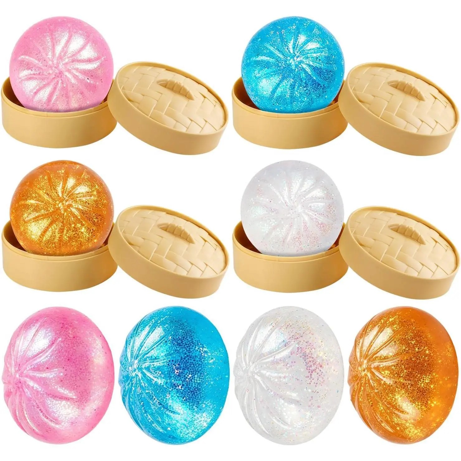 4pcs Sugar Glitter Dumpling Squishy, Mystery Dumpling Squishies Fidget Sensory Toys with Steamer Box for Stress Relief, Soft Decompression Dough (Colorful)