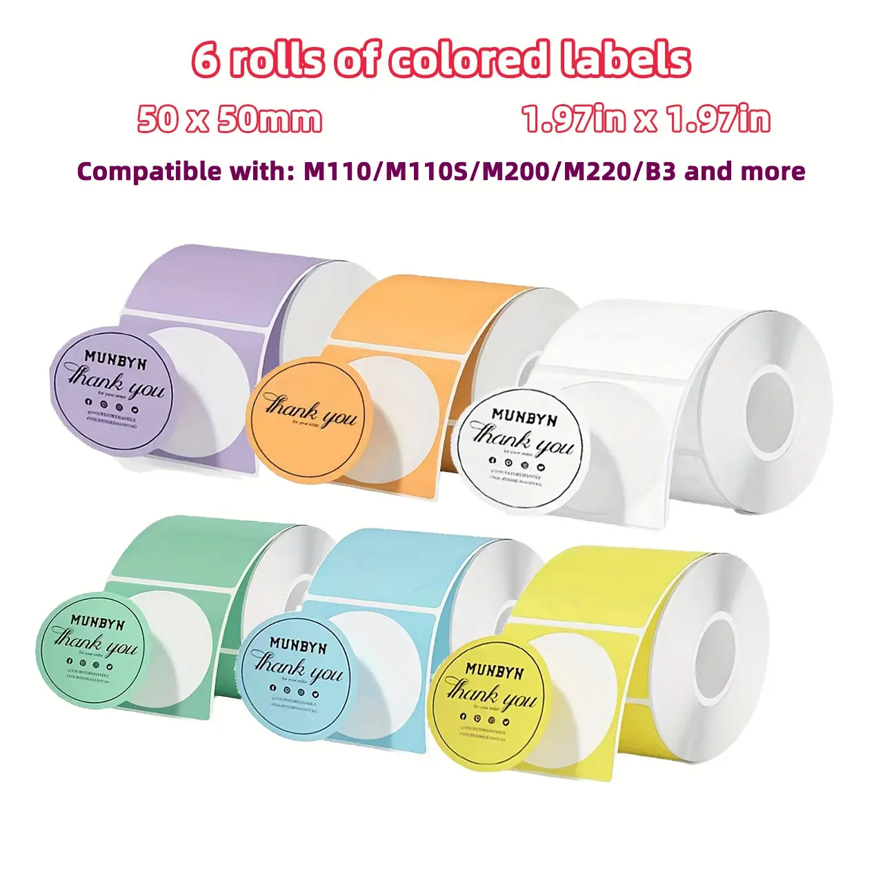 Colorful Printable Labels, 50x50mm/1.96"x1.96", Round 6 Rolls, Compatible with M100/m110/m200/m220/b1 Label Printers, Gift Tags, Product Seals