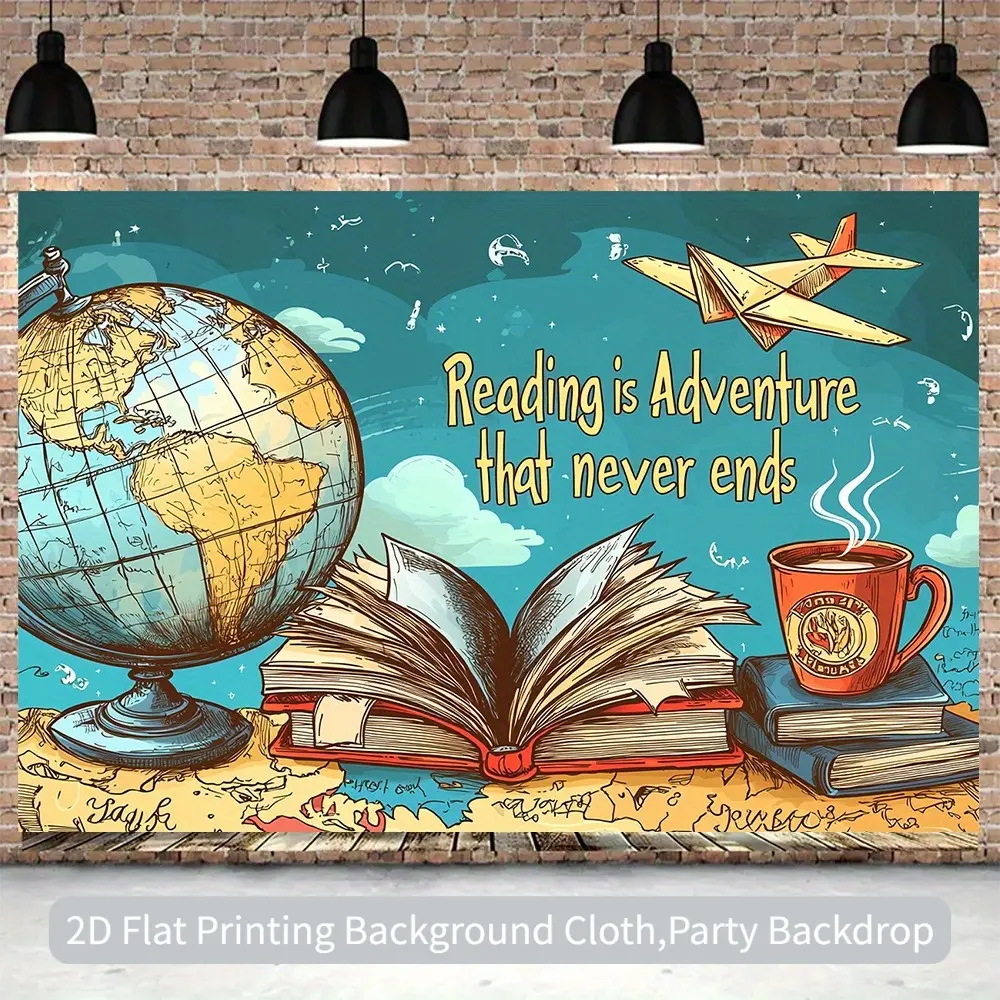 Reading Is Adventure Book World Map Backdrop with Bookshelf Design for Classroom, Library and Birthday Party Decor