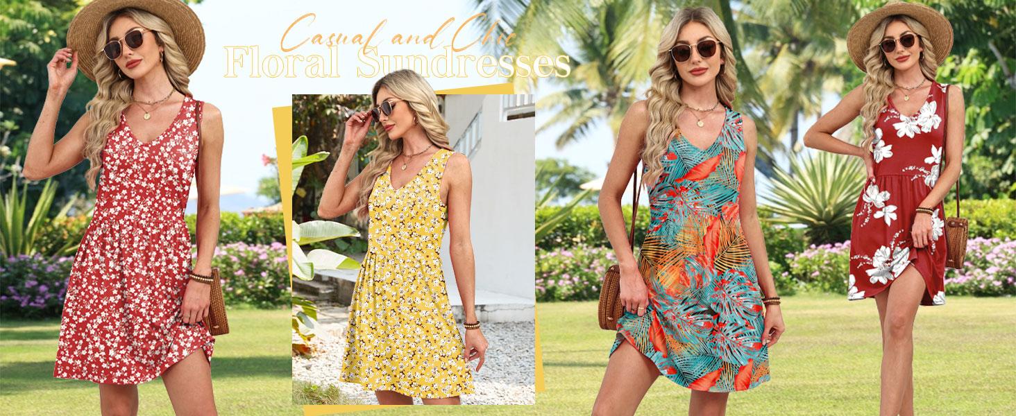 OFEEFAN Summer Dresses for Women 2026 Casual V Neck Sleeveless Tank Dress Beach Sundresses with Pockets