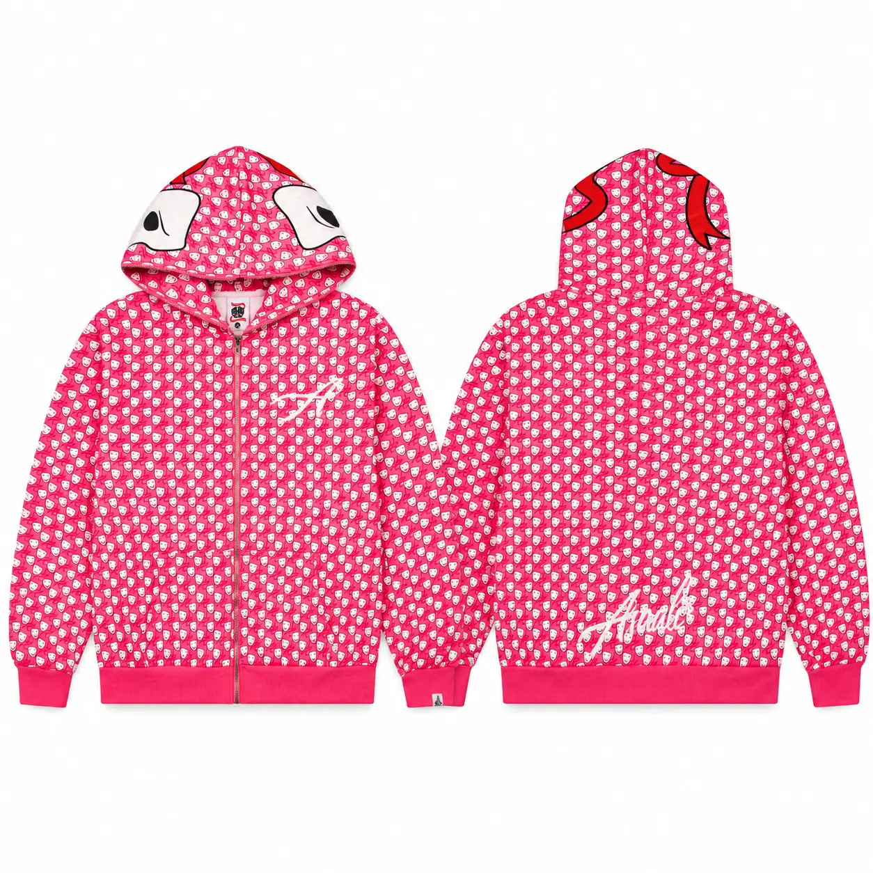 ASAALI Pink Smiley Face All Over Print Zip Up Hoodie Oversized Unisex Streetwear Jacket Face Mask Hood Y2K Fashion Halloween Christmas Gift Fall Winter Outfit