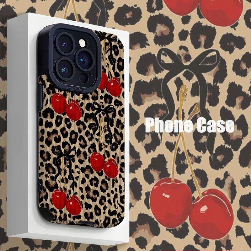 Bowknot Leopard Cherry Pattern Design Shockproof Slim Phone Case, Compatible with iPhone 16/15/14/13/12/11/Plus/Pro Max, Stylish and Perfect Gift for Friends and Lovers
