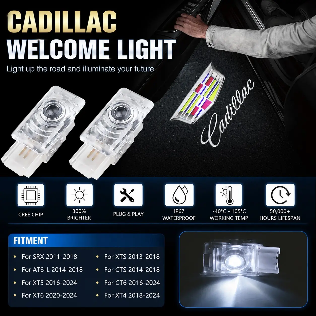 2pcs LED Interior Decorative Logo Lights, Cadillac Door Welcome Lights, Door Projector Lights, Welcome car lights, Compatible with Cadillac SRX/ATS-L/XT5/XT6/XTS/CTS/CT6/XT4, 12V 3W High Brightness & Low Power Consumption