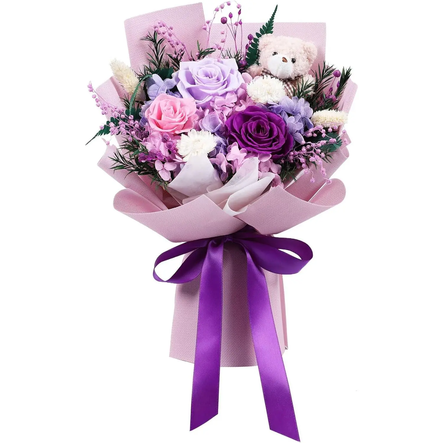 mapleway Preserved Flowers Bouquet with Bear, Long-Lasting Eteranl Flowers for Delivery Prime, 3 Roses Mixed Bouquet Forever Flowers Gifts for Mon Girlfriend Wife Her Anniversary Ceremony Birthday