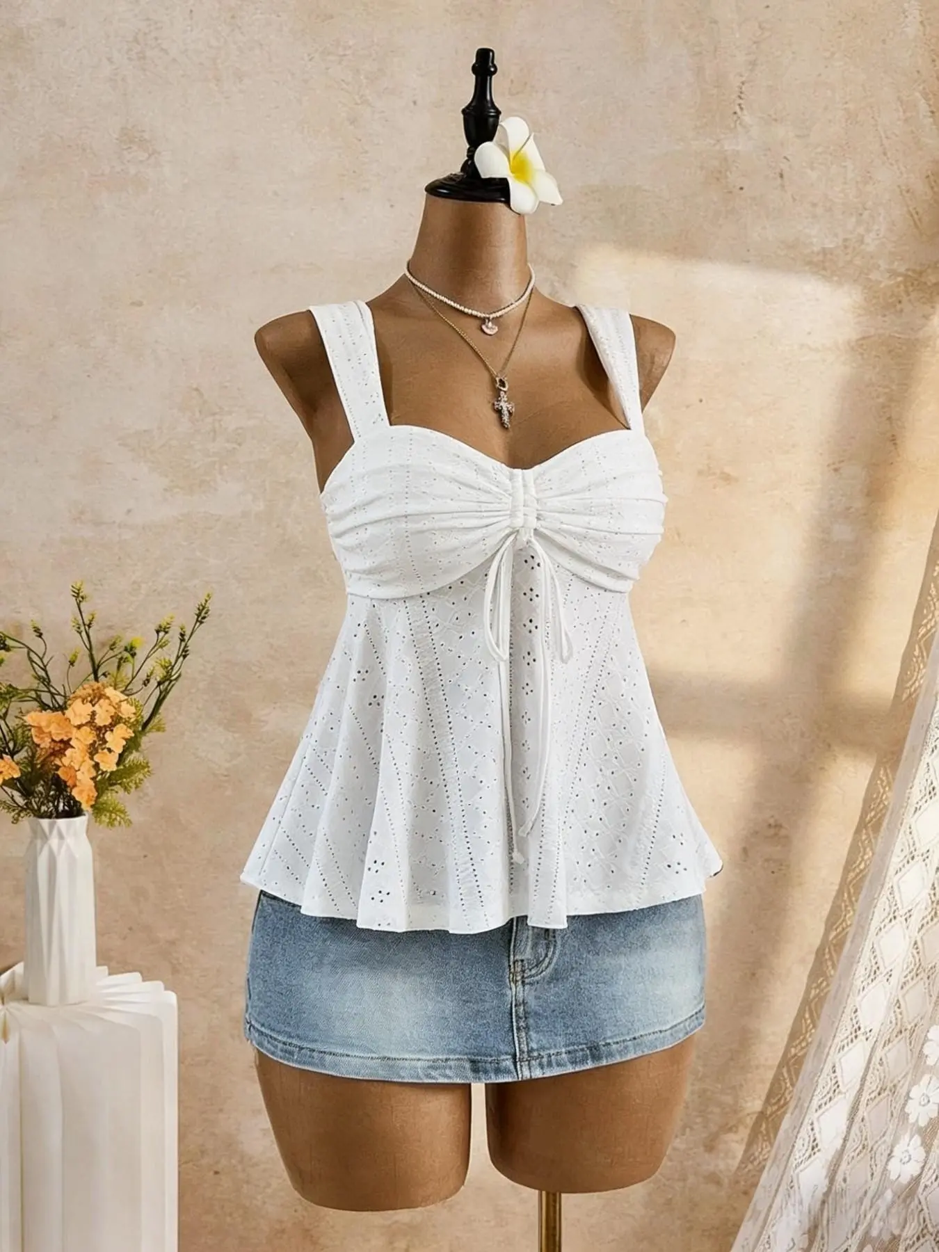 Vintage Women's Summer Casual Feminine Ruched Front Drawstring Halter Top, Sweet Heart Shape Wide Straps, Flowy Ruffle Short Sleeve Shirt