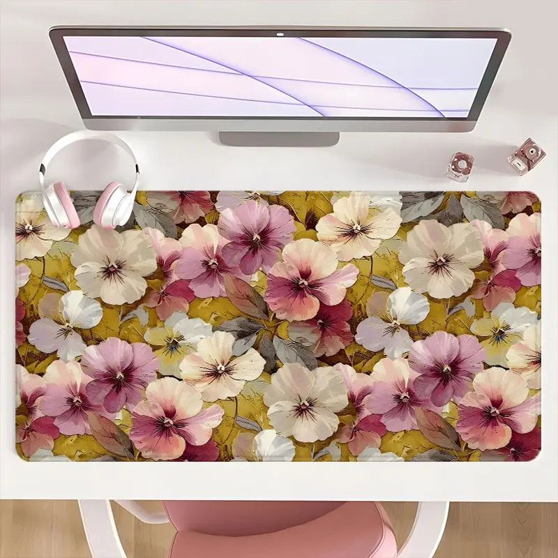[Mouse Desk Pad] Non-Slip Mouse Pad Large Gaming Mouse Pad With Rubber Base & Stitched Edge Watercolor Pansy Floral Golden Design Desk Top Protector Mat For Home Office Christmas Gift