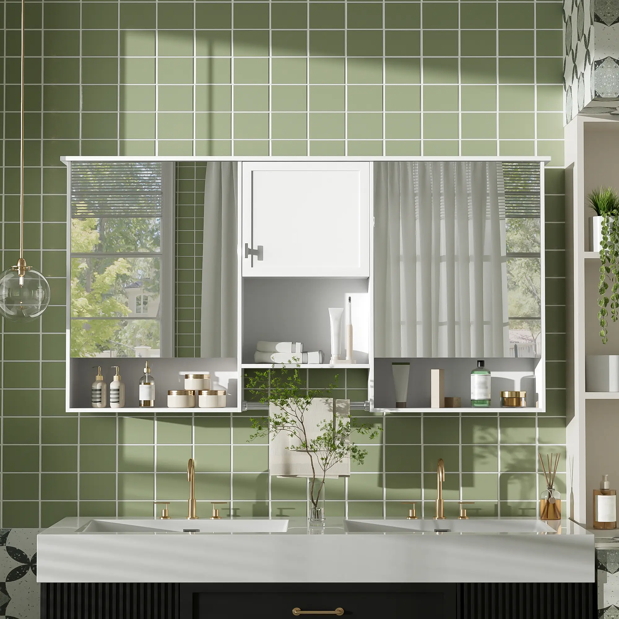 Nokaa 55-Inch Wall-Mount Mirror Wall Cabinet with Adjustable Shelf, Soft-Close Hinges, High-Definition Mirror, Solid Wood & MDF Build, White Painted Finish, Modern Storage Organizer for Bathroom & Bedroom, Adjust Shelf