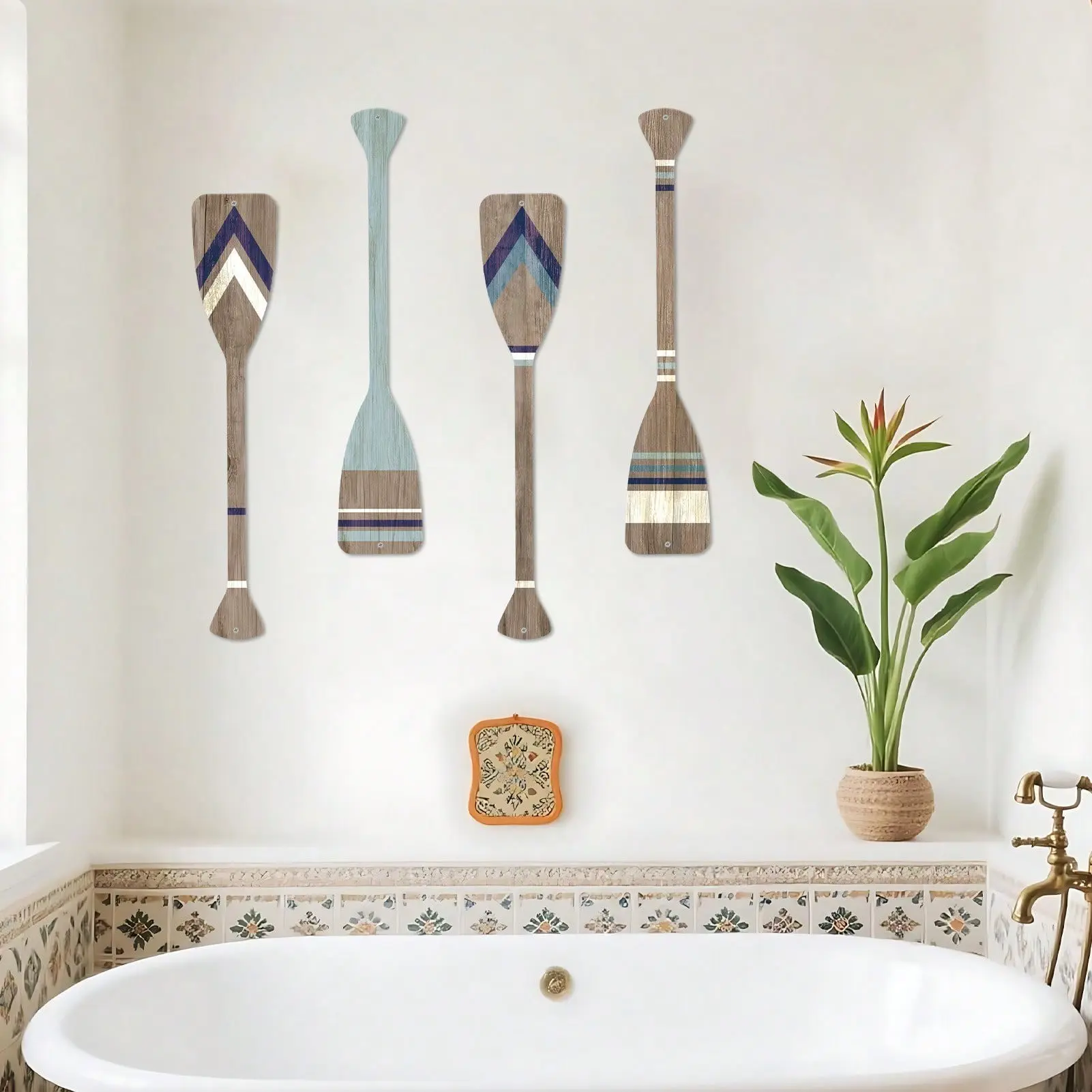 4-Piece Metal Paddle Wall Art Set, Nautical Canoe Oar Decor, Vintage Hanging Ornament, Ideal for Ocean Lovers, Bathroom, Bedroom, Room Decoration