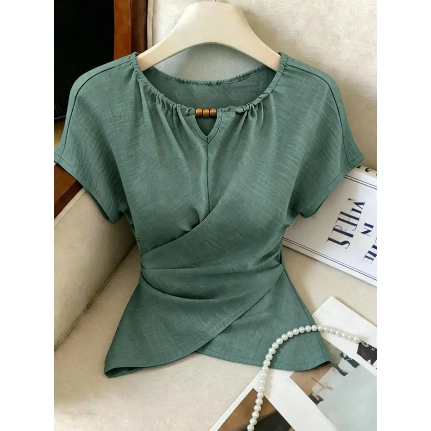 Short Sleeve Chic Blouse with Ruched Neckline, Beaded Keyhole Detail and Crisscross Waist, Fitted Wrap Front Top with Asymmetrical Hem for Casual and Office Wear