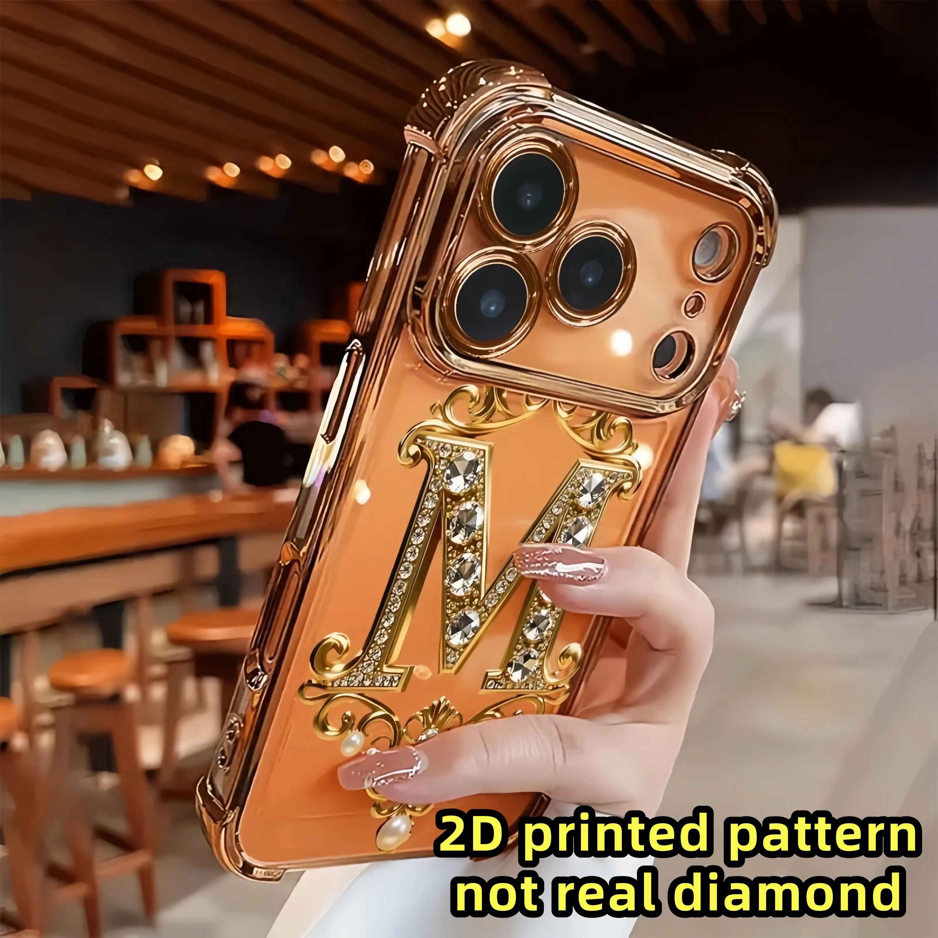 TPU Full-Coverage Lens Protection Phone Case - Luxury Diamond & Gold "M" printed pattern Design, Shockproof, Non-Slip Casing, Multi-Model Compatible with iPhone 17,16,15,14,13,12,11,XS,X Series, Ideal Gift Handheld Accessory