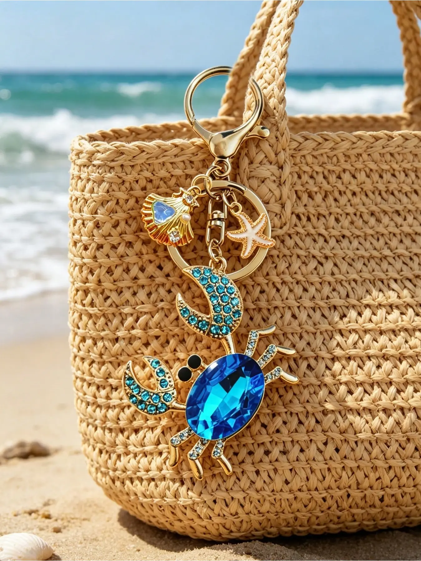 Shimmering Blue Crystal Crab Keychain, Oceanic Shell Star Decor, Sparkly Rhinestone Crab Pendant, Ideal Gift for Beach Lovers