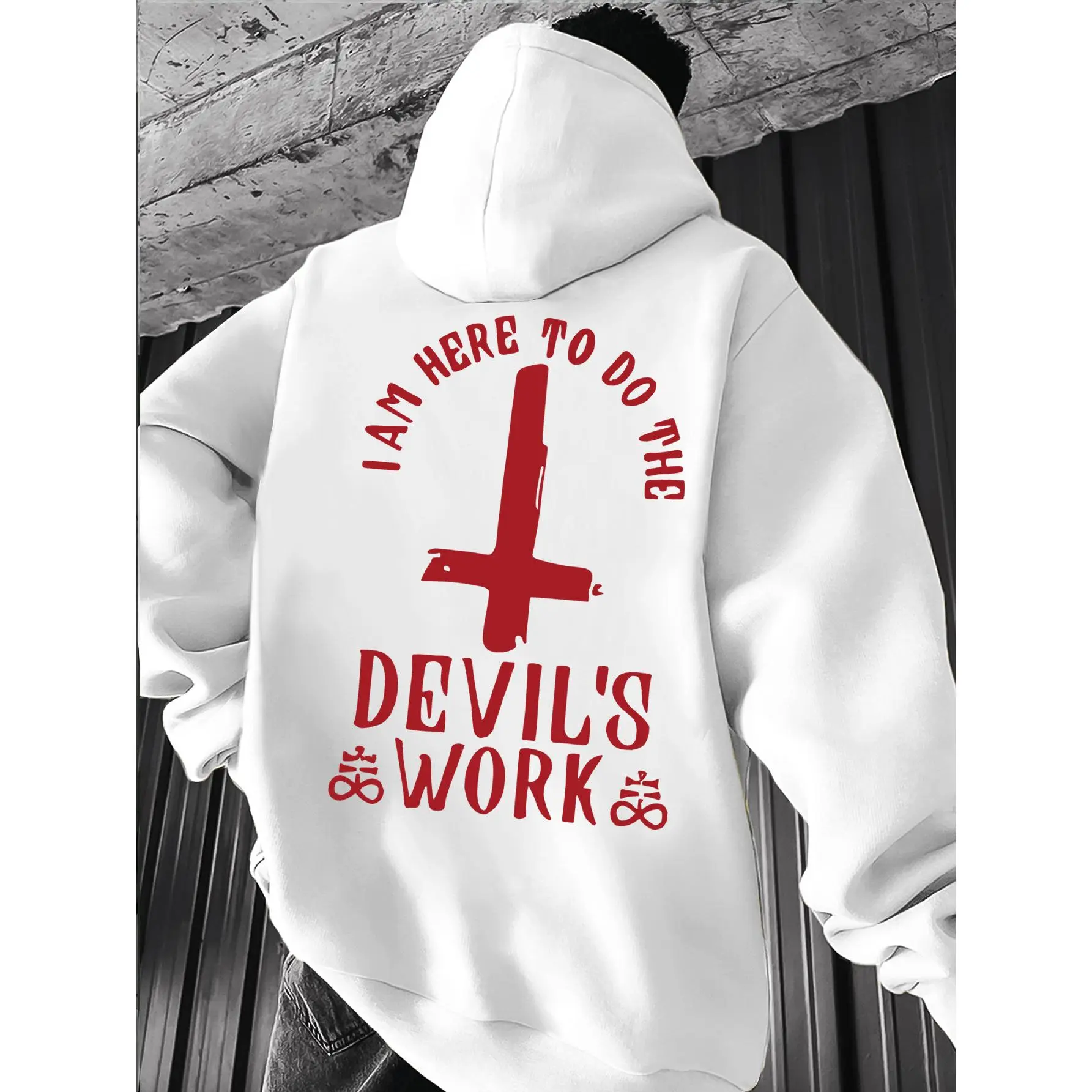 Men's Gothic Dark Red Hoodie with Pentagram & "Devil's " Back Print - Heavy Metal Inspired Casual Pullover, Adjustable Hood & Kangaroo Pocket, Machine Washable Streetwear Sweatshirt for Fans