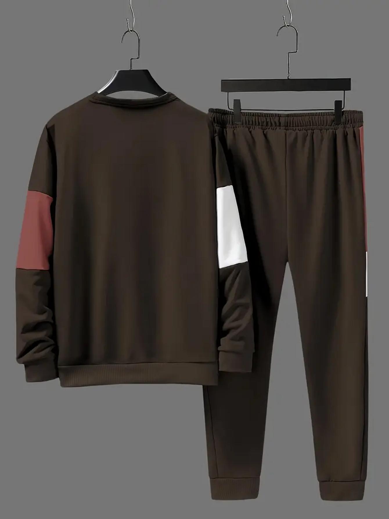 Men's color blocked 2-piece set, casual round neck long sleeved sweatshirt and sweatpants jogging pants set for winter and autumn, men's clothing