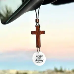 Wooden Cross Design Car Pendant Charm 8cm X 3.5cm, Wear Resistant Religious Rearview Mirror Ornament, Handmade Unique Present For Family And Friends