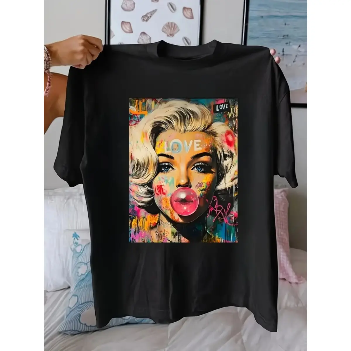 Graffiti Art Marilyn Monroe T-shirt Women's Pink Bubble Gum Print Everyday Statement Casual Top Summer Casual Tee Shirts