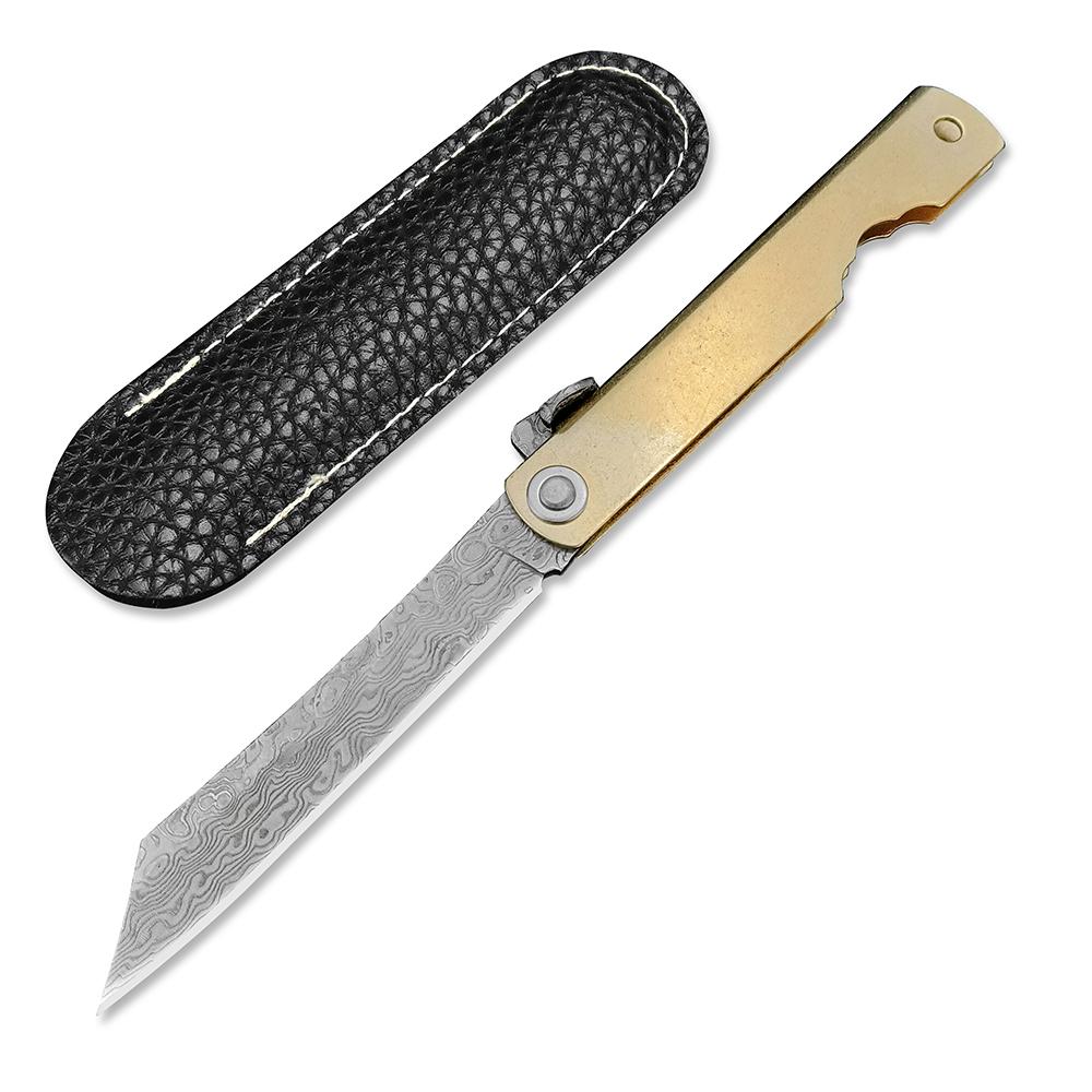 Pocket Folding Knife Damascus Steel Blade Multi-purpose Tools Outdoor Camping Knives with PU Leather Sheath