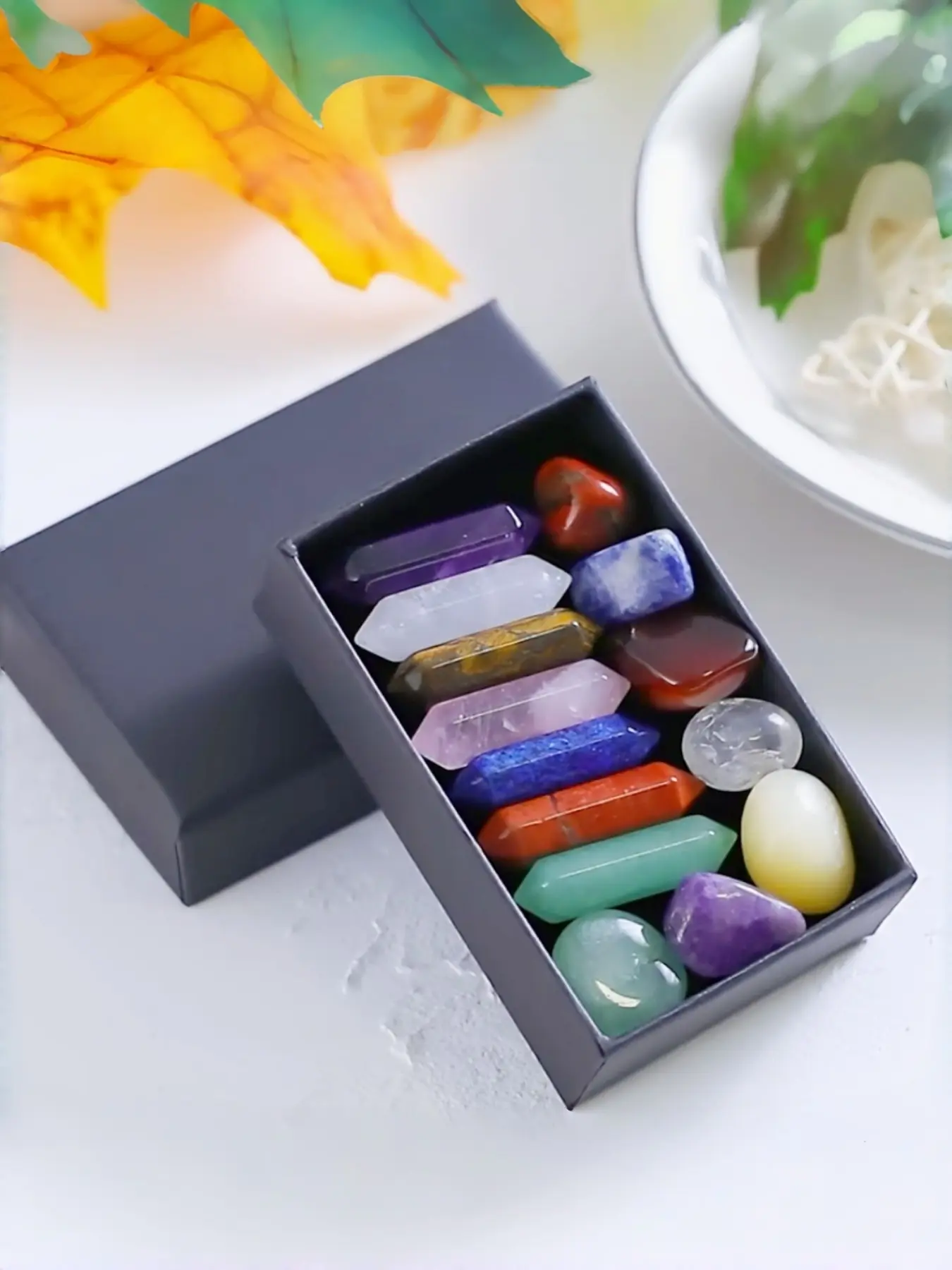 Double-Ended Crystal Stone Box, Natural Crystal 7 Chakra Set, Chakra Healing Stones, Hexagonal Quartz Gemstone Bedroom Decor, Natural Amethyst, Unique Gift Box Design