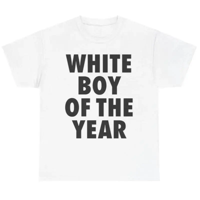 Women's Unisex Loose-Fit Round Neck Graphic T-Shirt - White Garment with Bold Letters "Boy Of The Year" Slogan, Soft Breathable Fabric Short-Sleeve Casual Top, Viral Trend Streetwear for Summer Vibes