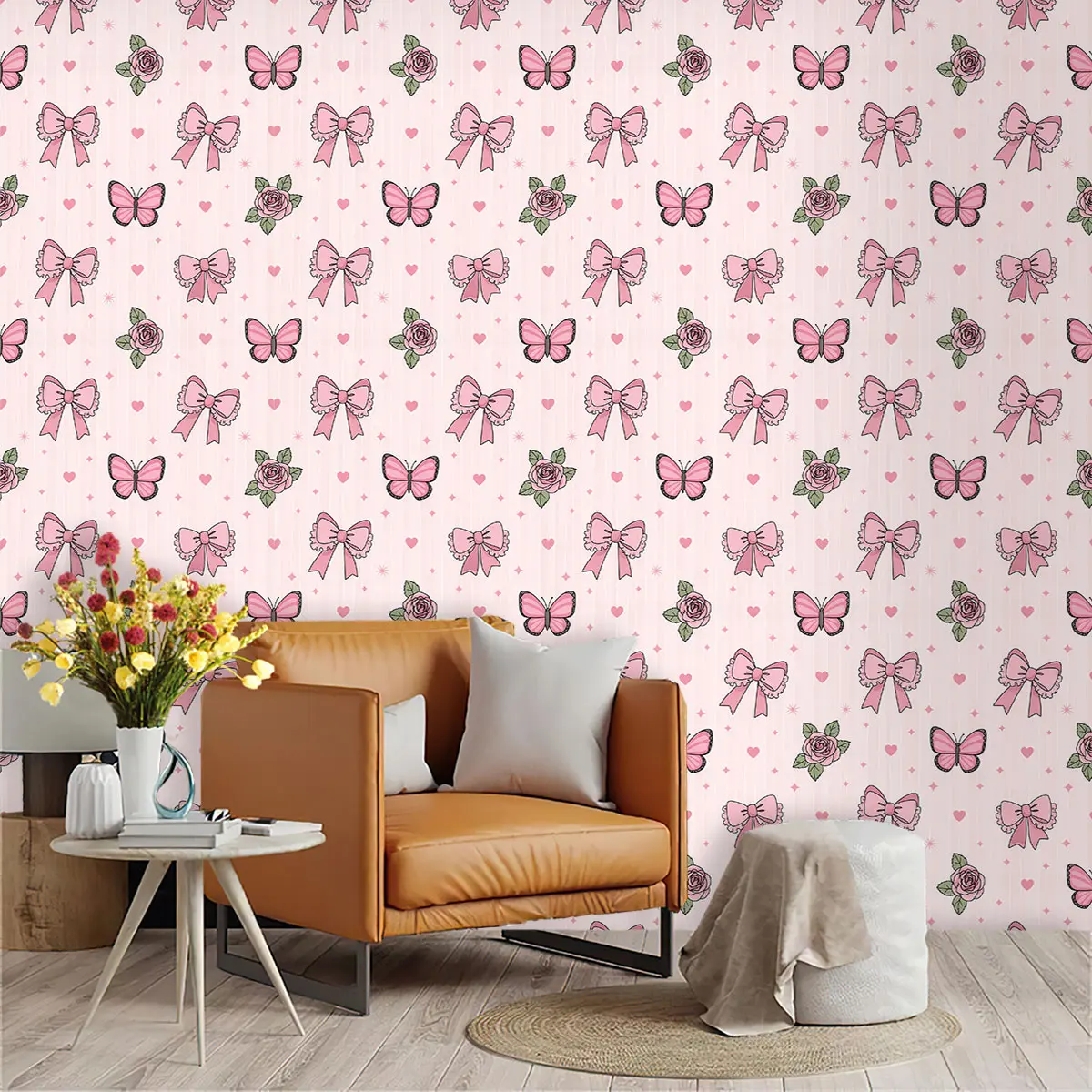 1 roll of pink butterfly bow rose wallpaper made of PVC material with adhesive on the back, suitable for furniture decoration, kitchen/living room/bedroom/wall decoration