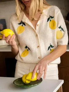 Women's Lemon Embroidery Sweater Cardigan, Casual Short Sleeve Knitwear for Daily Wear, Ladies Knitting Clothes for Summer, Knitted Tops, Fashion Knit Clothing